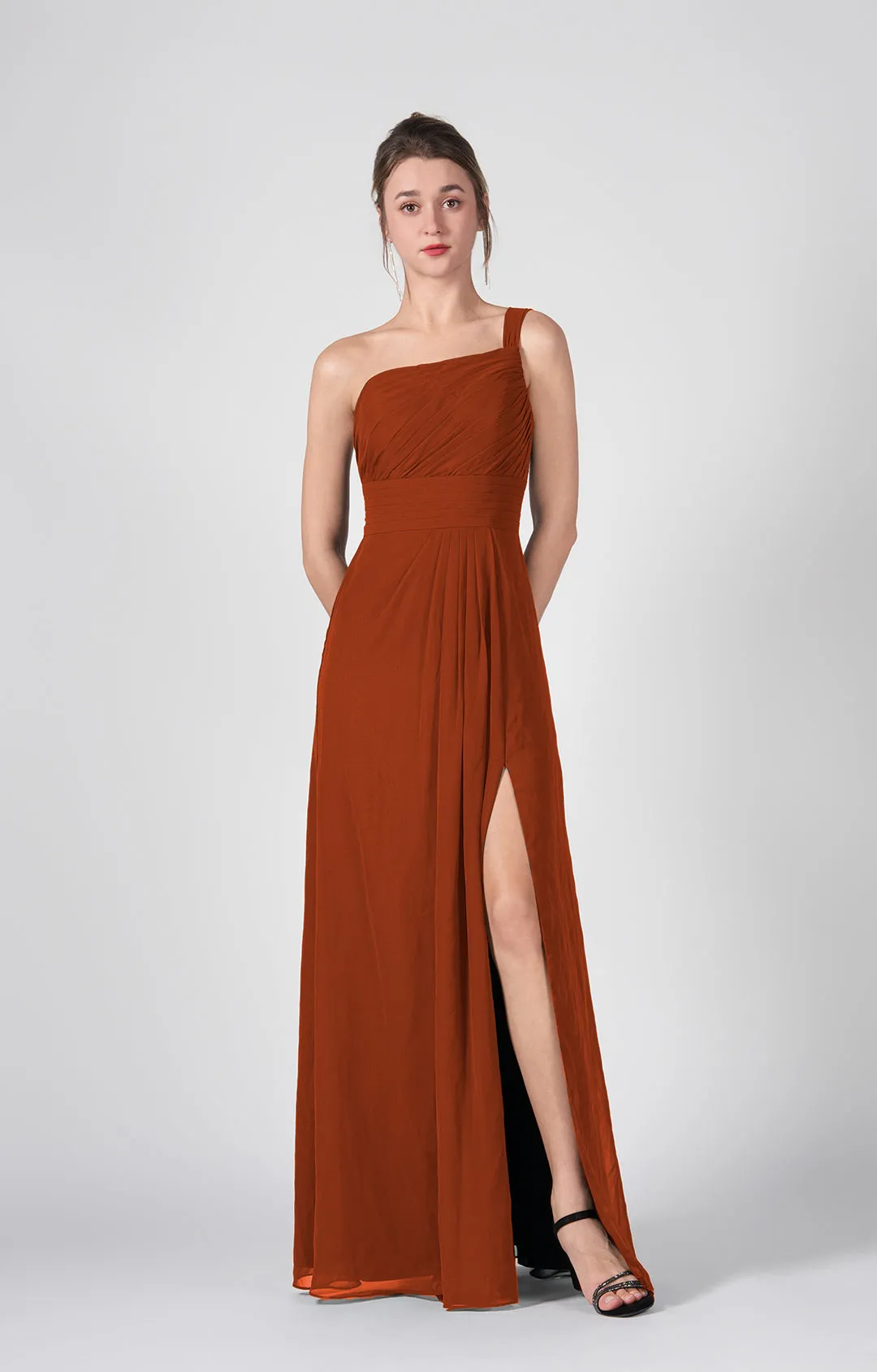One Shoulder A-Line Side Split Chiffon Maxi Dresses