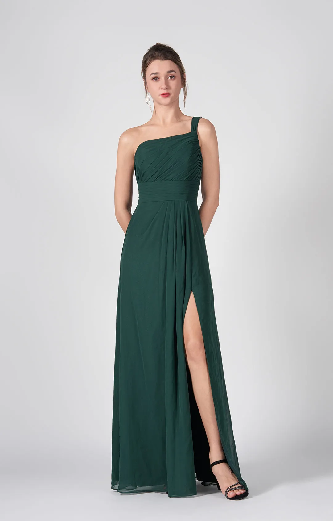 One Shoulder A-Line Side Split Chiffon Maxi Dresses