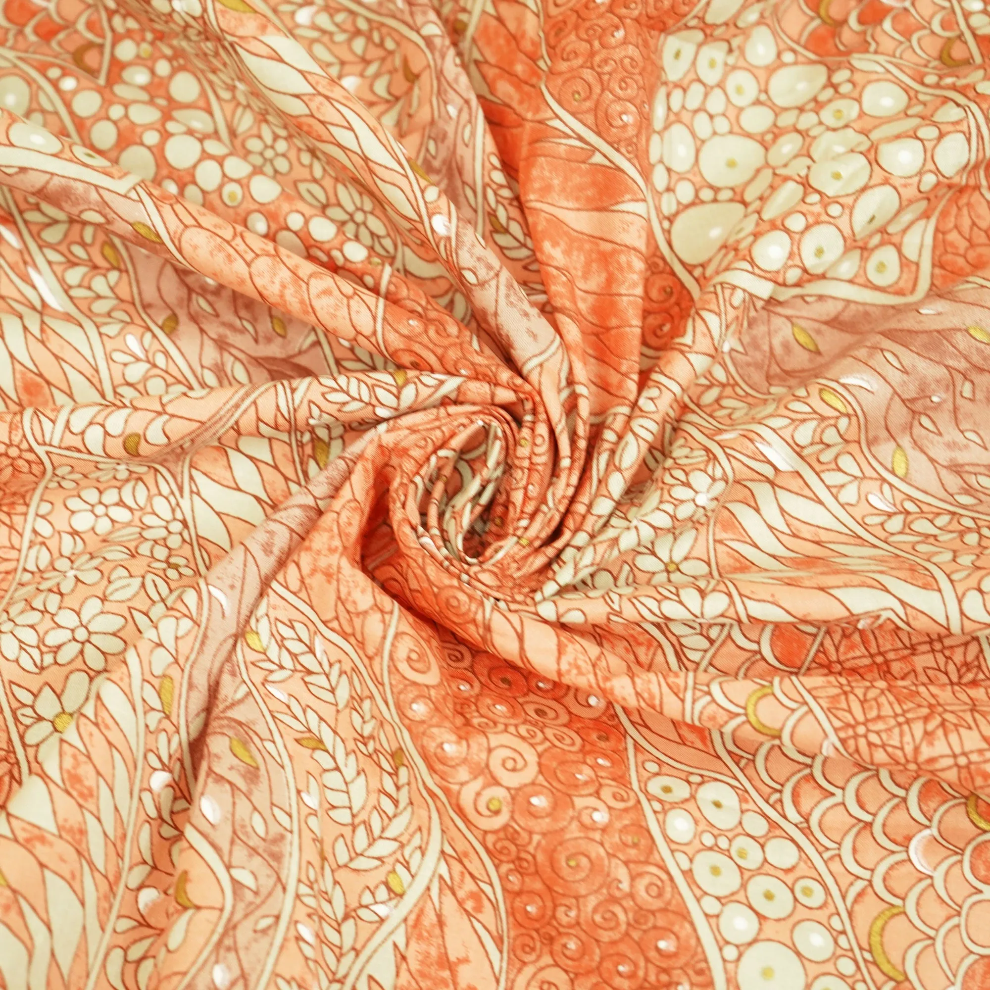 Orange Floral Foil Print Cotton Fabric HP-24254