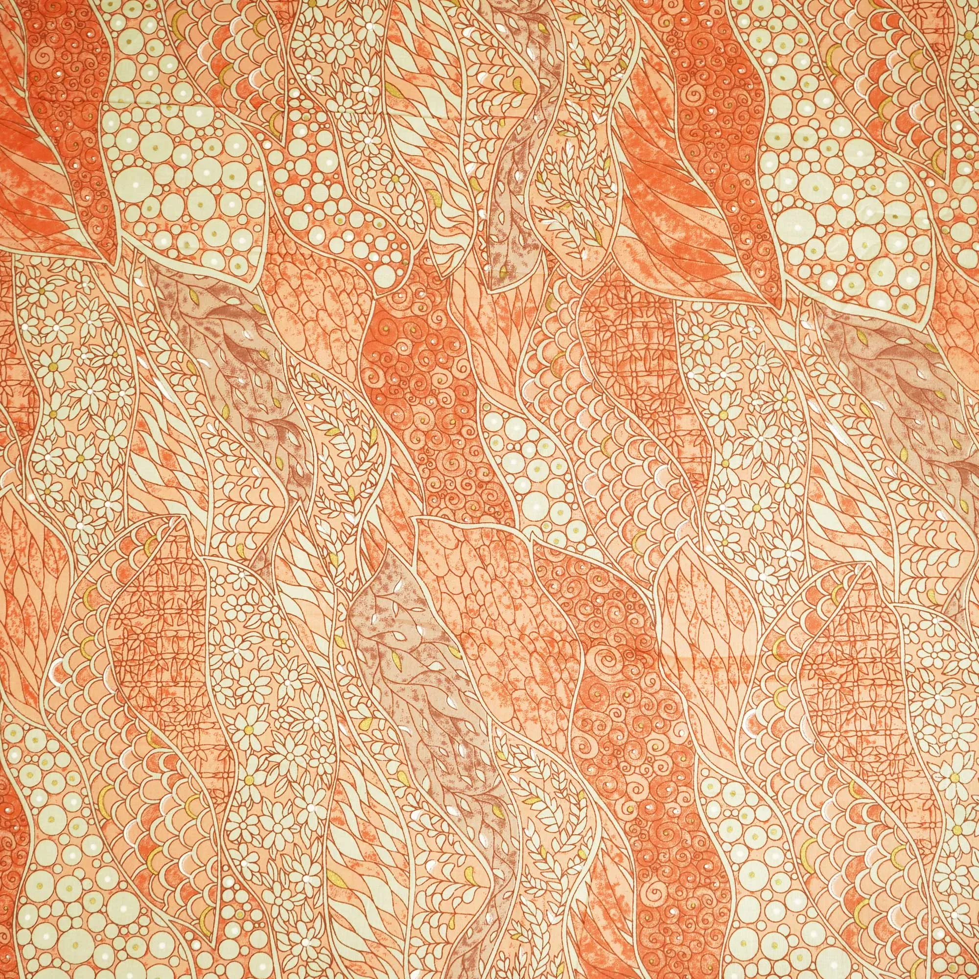 Orange Floral Foil Print Cotton Fabric HP-24254