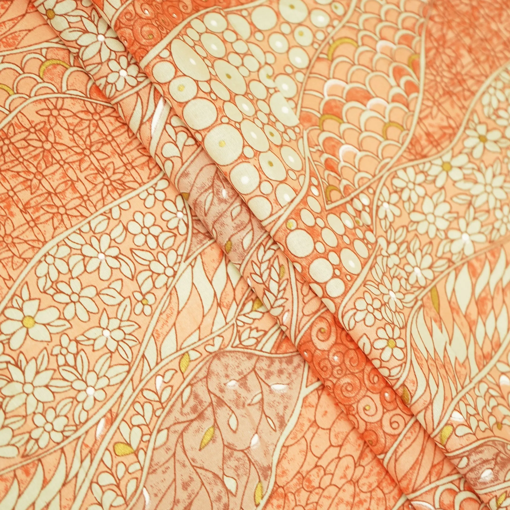 Orange Floral Foil Print Cotton Fabric HP-24254