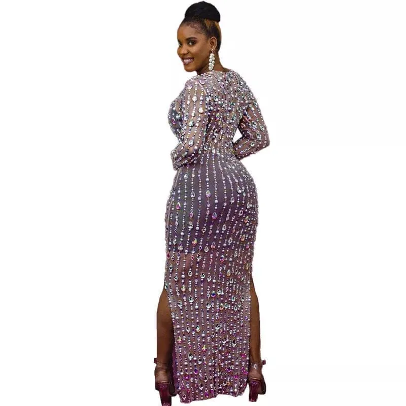 PlSize Long-Sleeved Tight-Fitting Mesh Evening Dress With Rhinestones