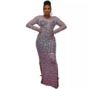 PlSize Long-Sleeved Tight-Fitting Mesh Evening Dress With Rhinestones