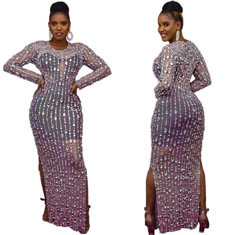 PlSize Long-Sleeved Tight-Fitting Mesh Evening Dress With Rhinestones