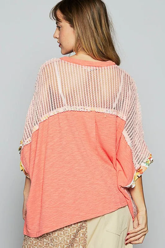 POL Coral Round Neck Floral Pattern Rib Knit Top