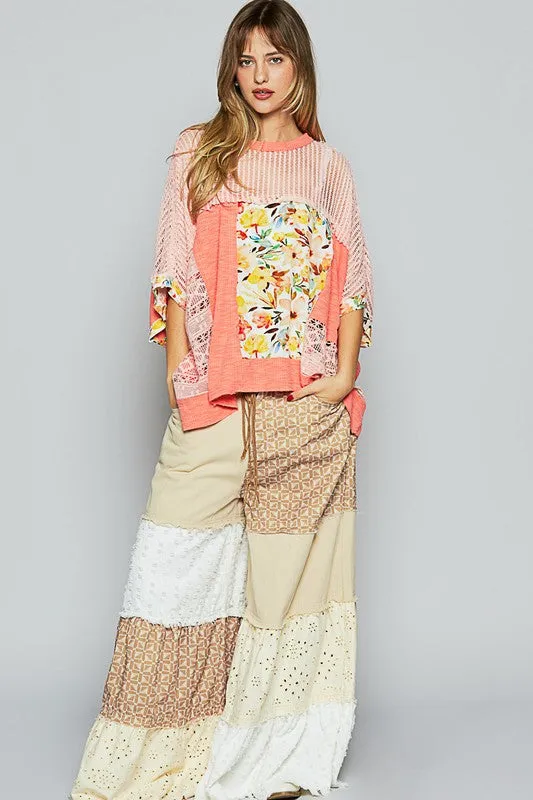 POL Coral Round Neck Floral Pattern Rib Knit Top