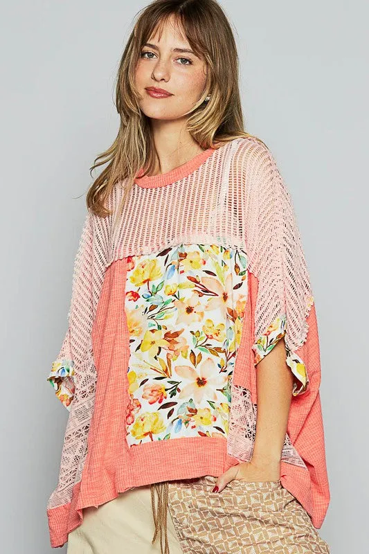 POL Coral Round Neck Floral Pattern Rib Knit Top