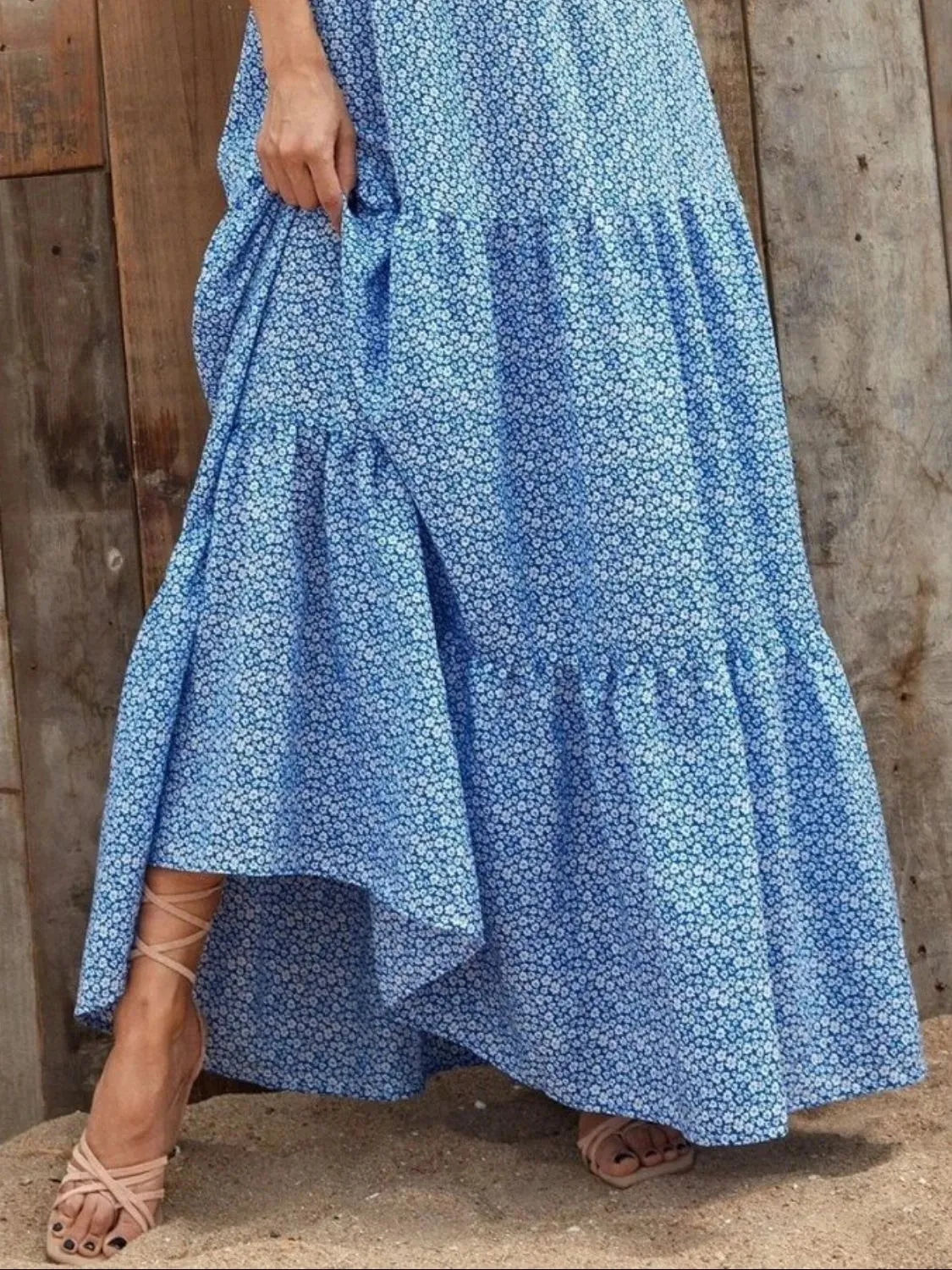 Printed V-Neck Ruffled Cap Sleeve Maxi Dress