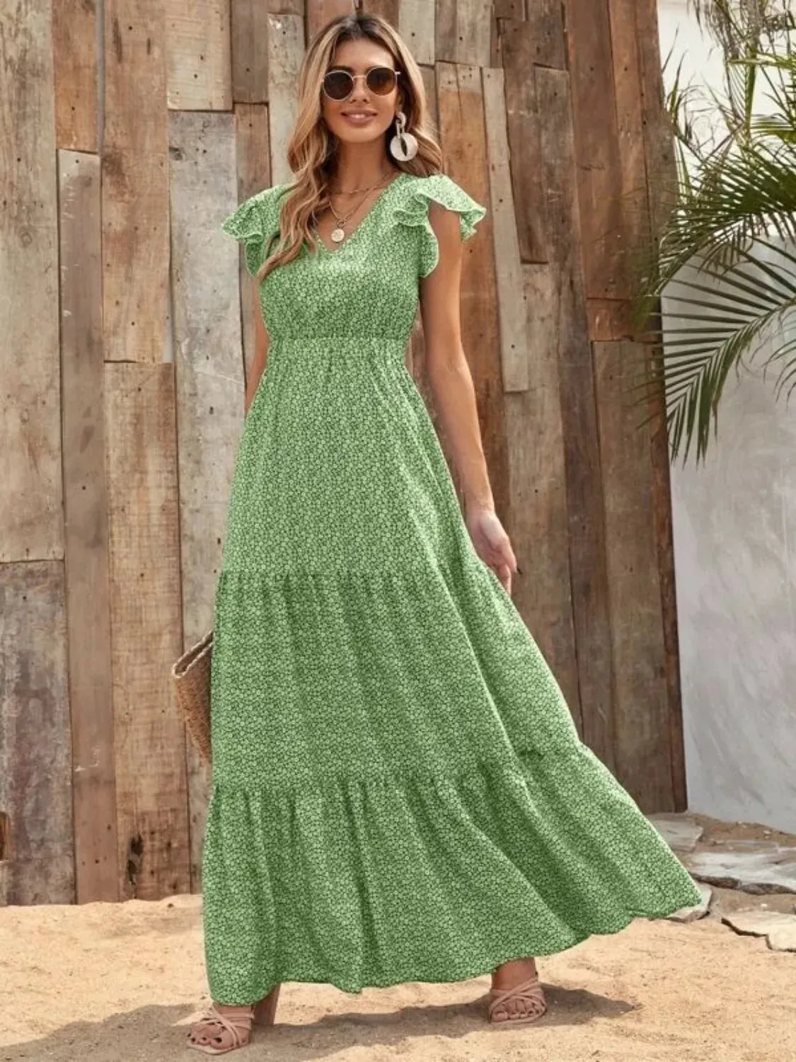 Printed V-Neck Ruffled Cap Sleeve Maxi Dress