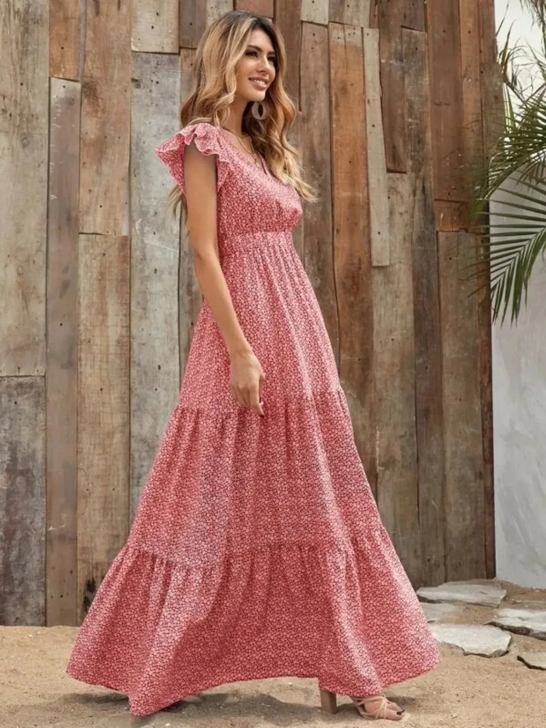 Printed V-Neck Ruffled Cap Sleeve Maxi Dress
