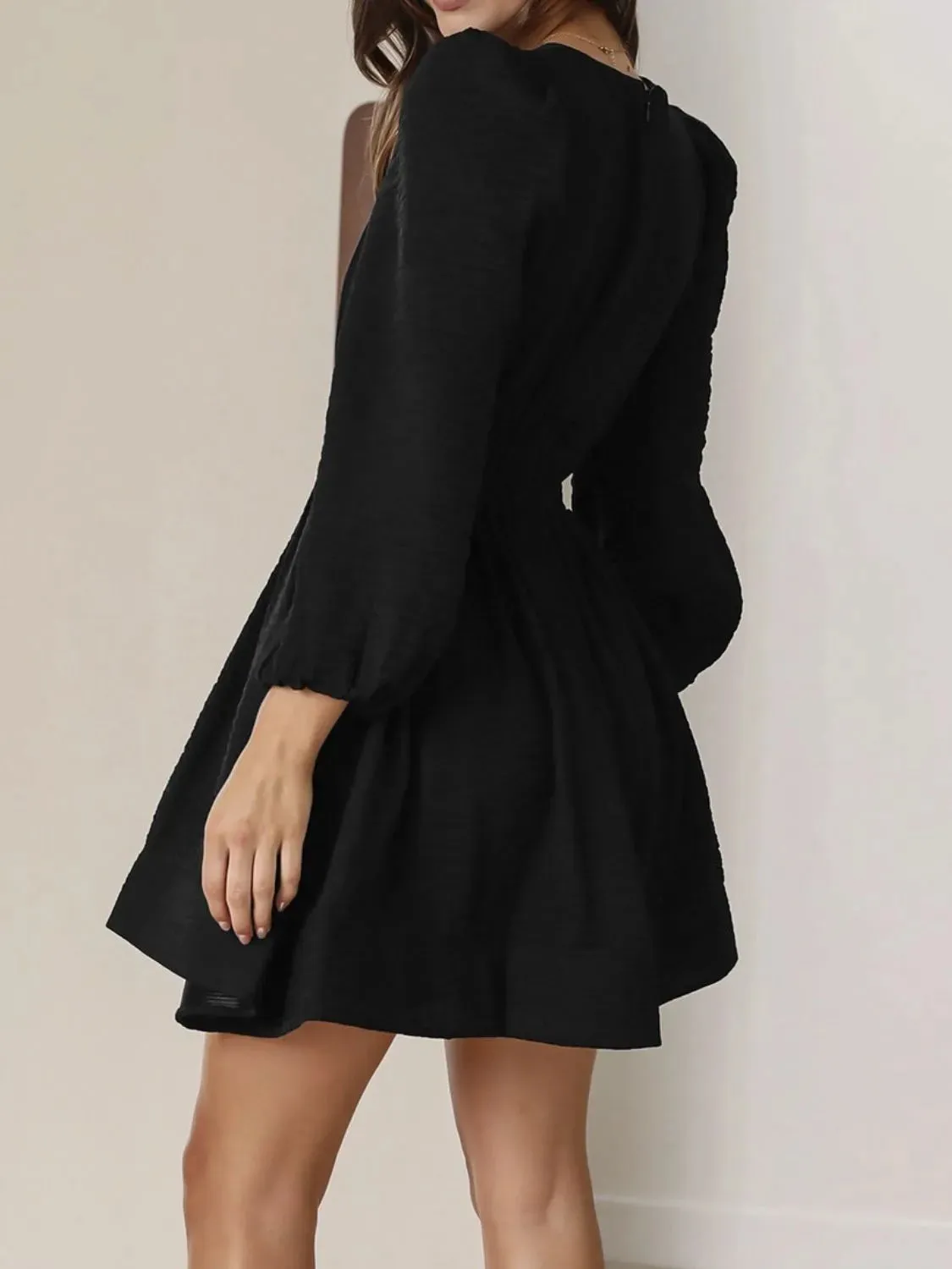 Ruched V-Neck Balloon Sleeve Mini Dress