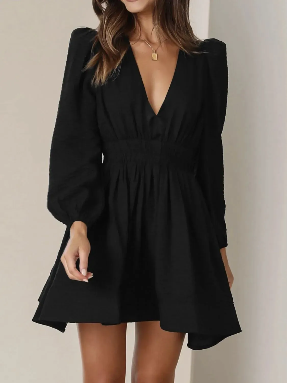 Ruched V-Neck Balloon Sleeve Mini Dress
