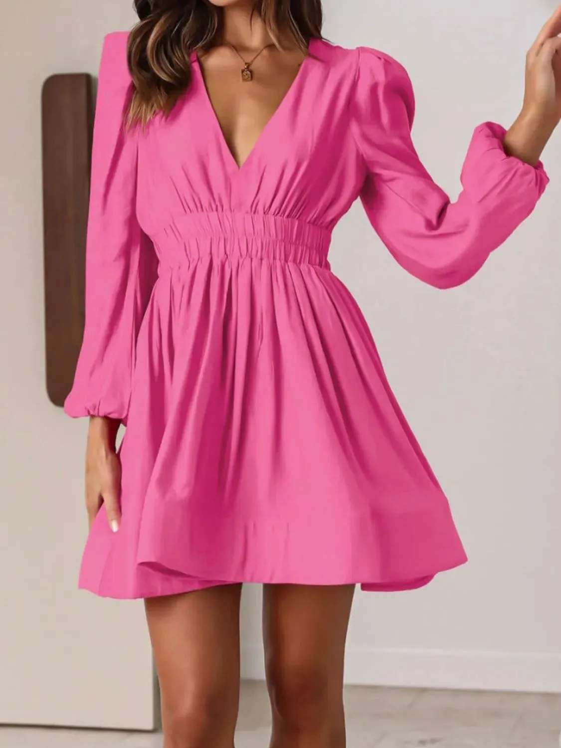 Ruched V-Neck Balloon Sleeve Mini Dress