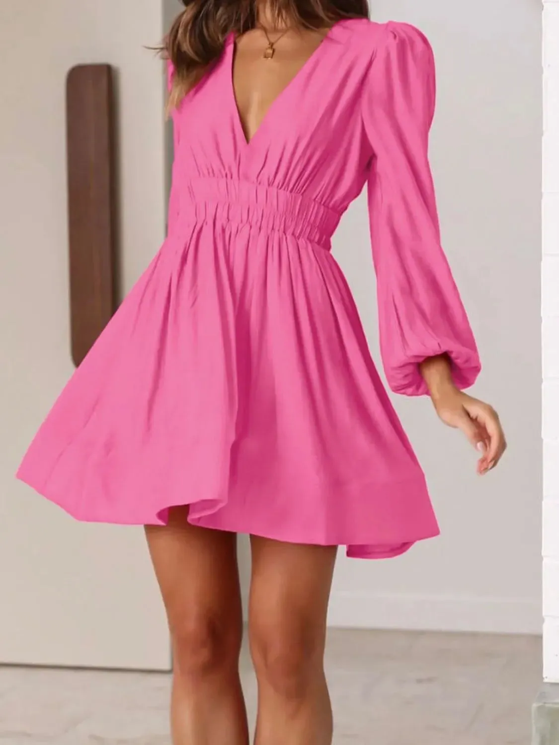 Ruched V-Neck Balloon Sleeve Mini Dress