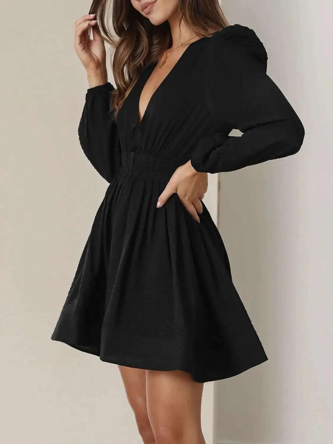 Ruched V-Neck Balloon Sleeve Mini Dress