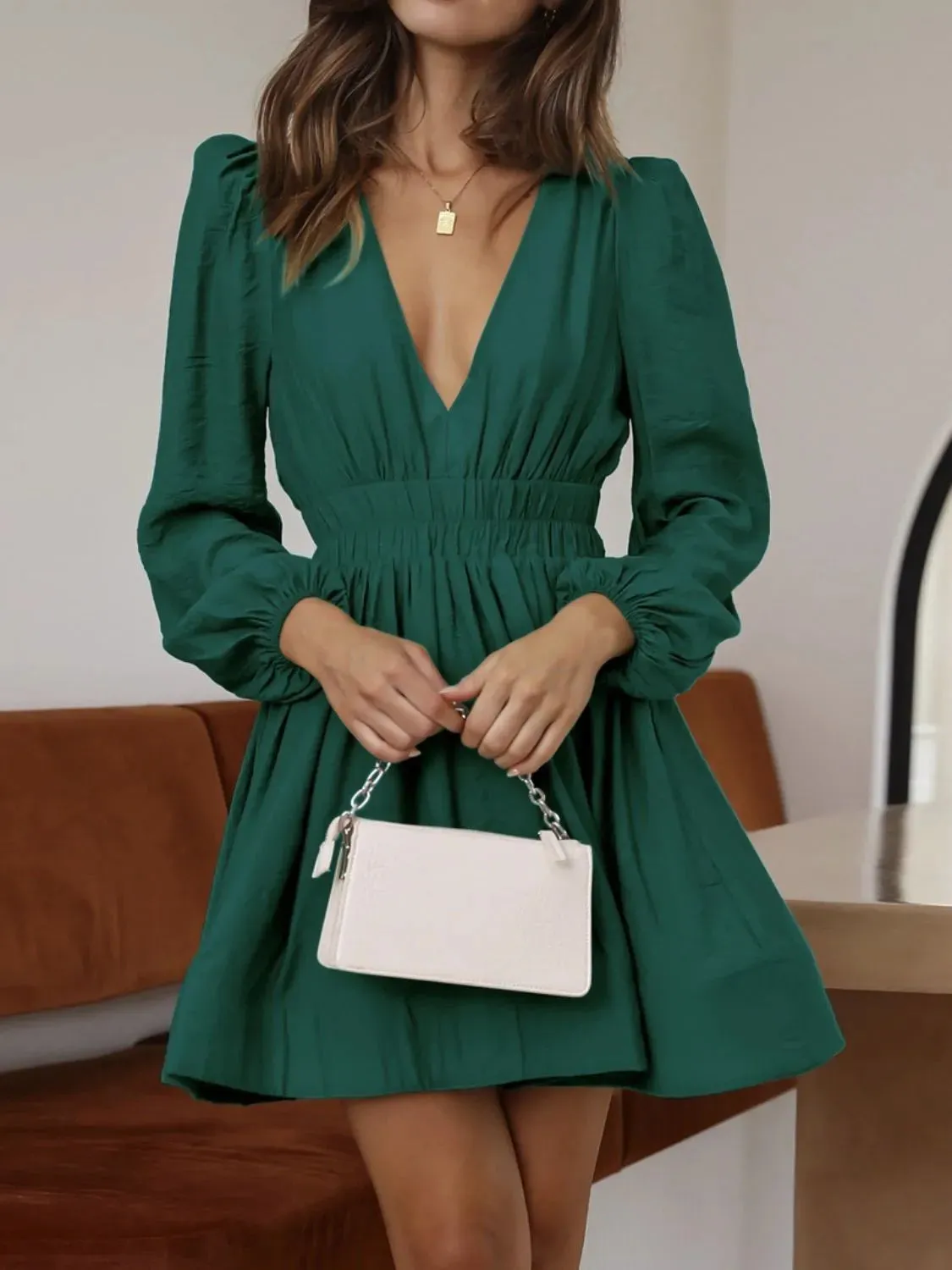 Ruched V-Neck Balloon Sleeve Mini Dress