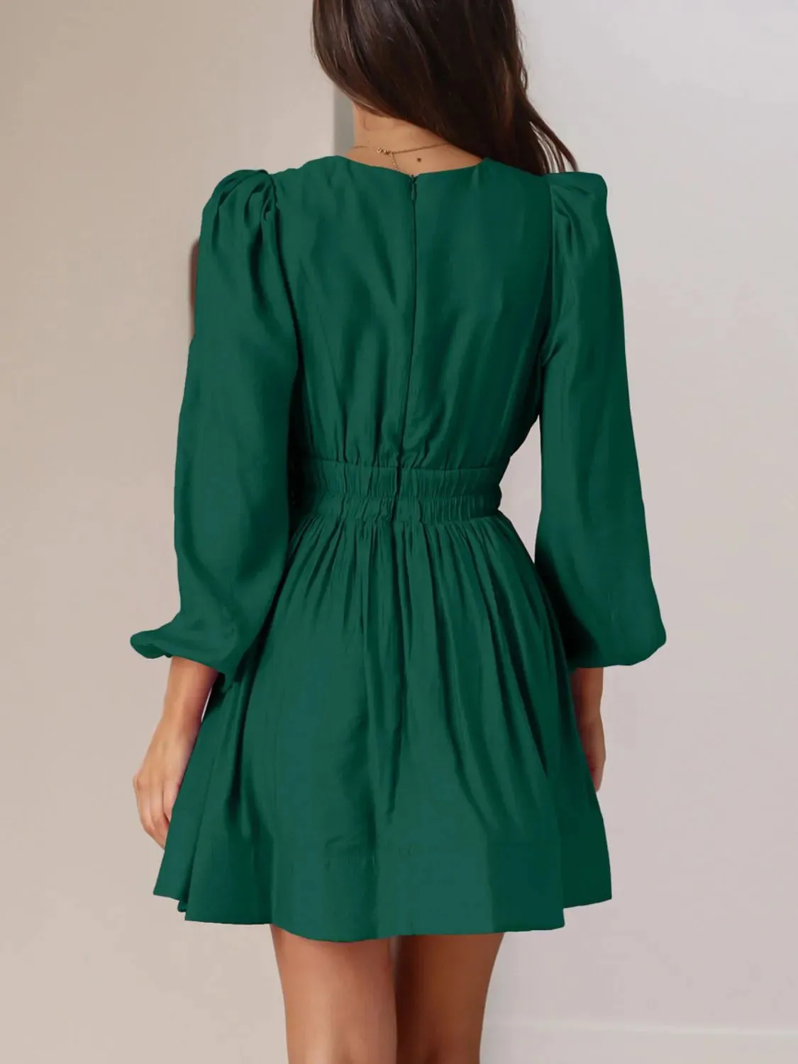 Ruched V-Neck Balloon Sleeve Mini Dress