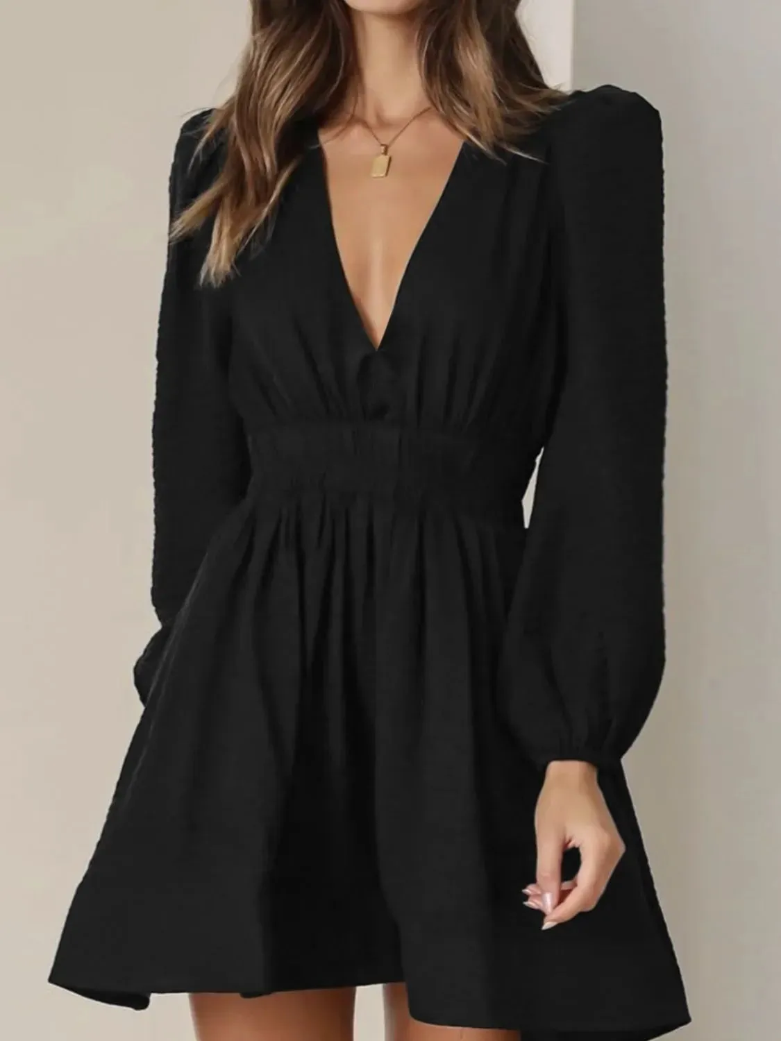 Ruched V-Neck Balloon Sleeve Mini Dress