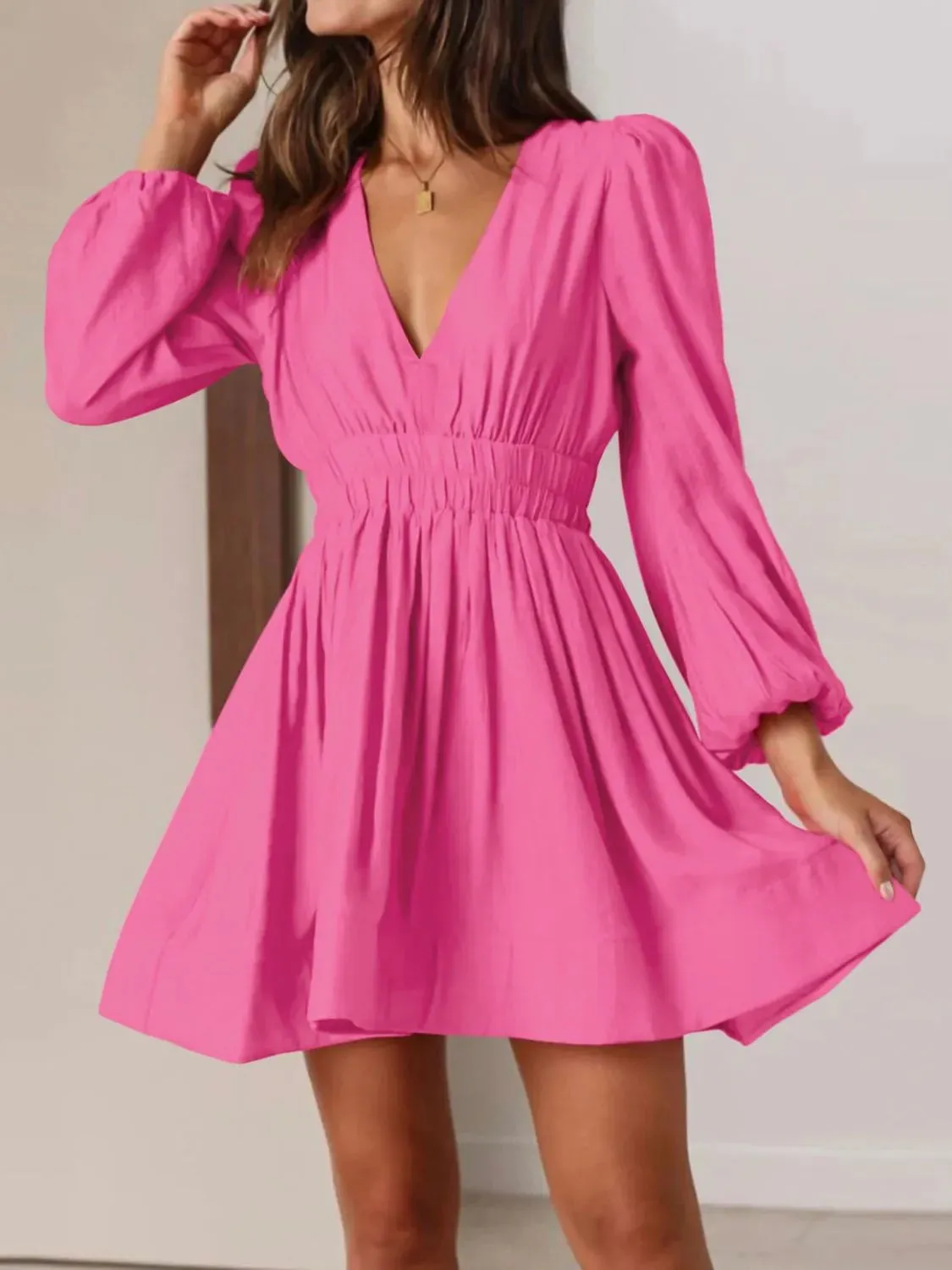 Ruched V-Neck Balloon Sleeve Mini Dress