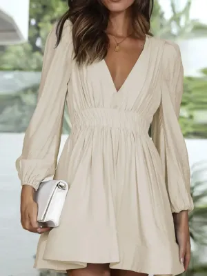 Ruched V-Neck Balloon Sleeve Mini Dress