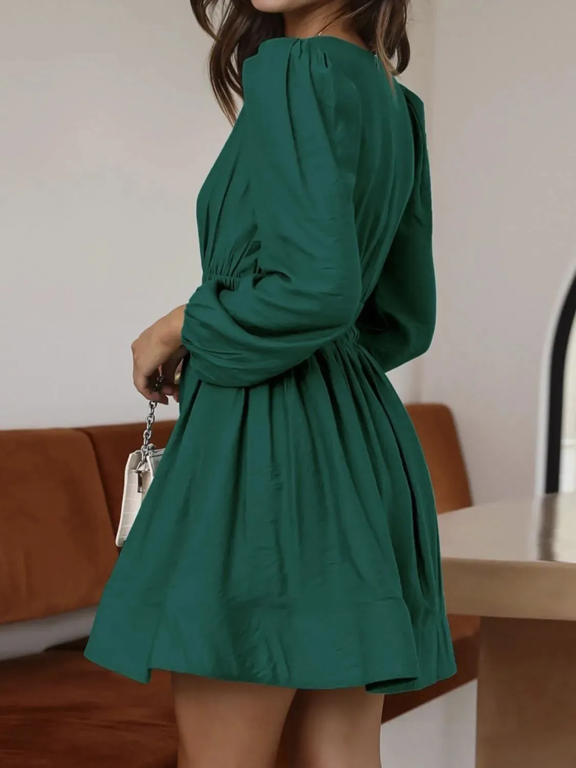 Ruched V-Neck Balloon Sleeve Mini Dress