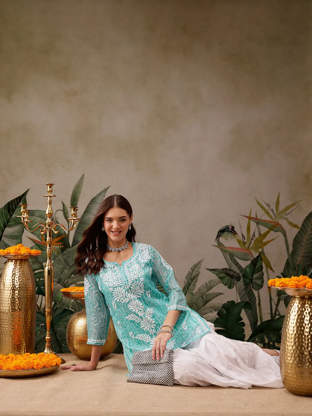 Sea Green Kota Lucknowi Chikankari Tunic With Inner Slip