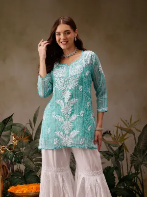 Sea Green Kota Lucknowi Chikankari Tunic With Inner Slip