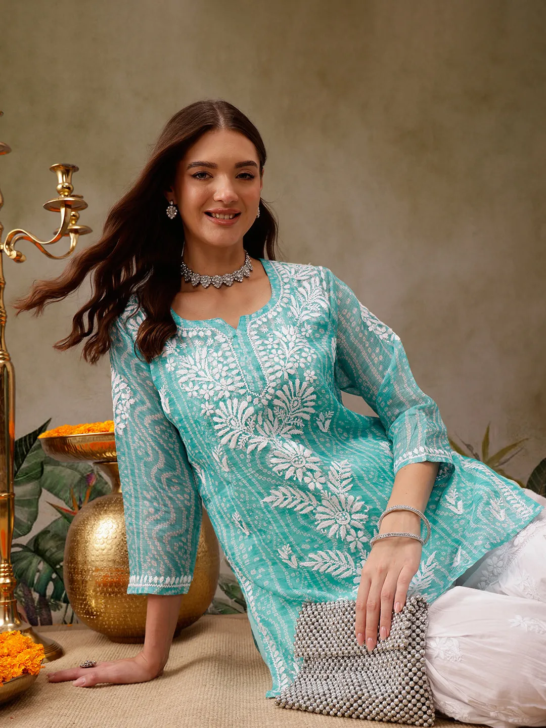 Sea Green Kota Lucknowi Chikankari Tunic With Inner Slip