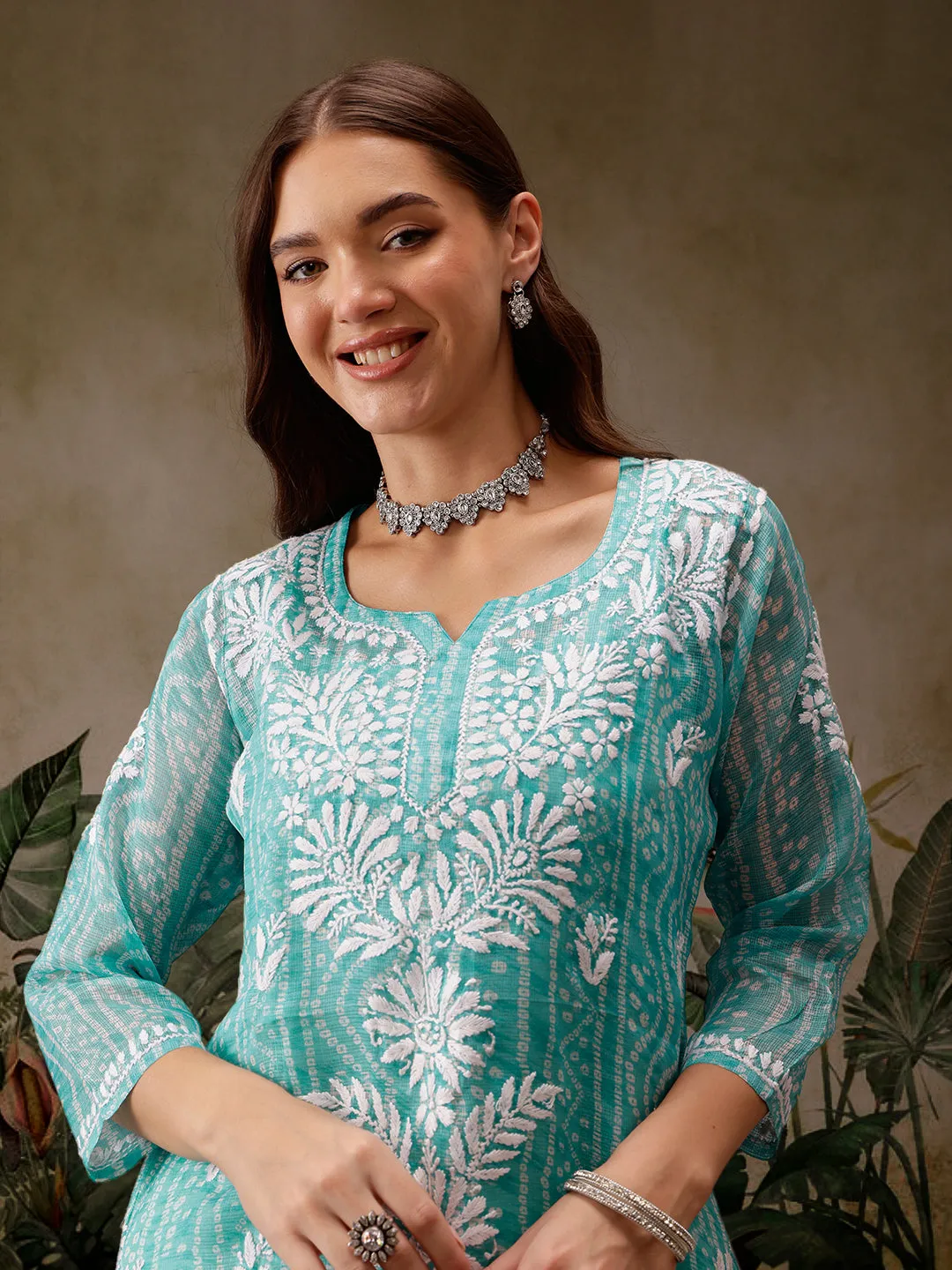 Sea Green Kota Lucknowi Chikankari Tunic With Inner Slip