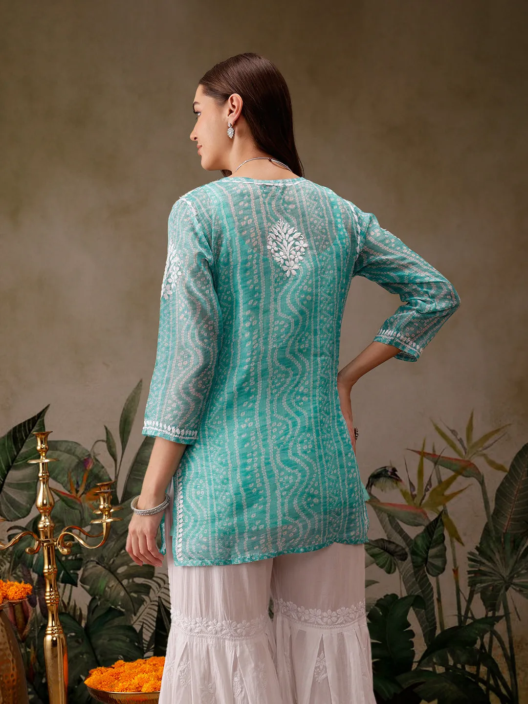 Sea Green Kota Lucknowi Chikankari Tunic With Inner Slip
