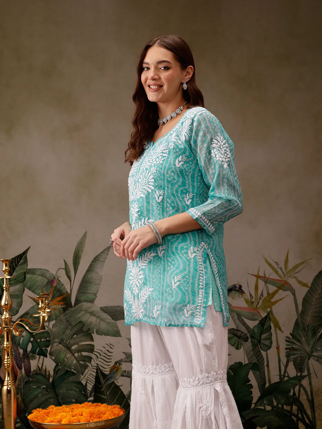 Sea Green Kota Lucknowi Chikankari Tunic With Inner Slip
