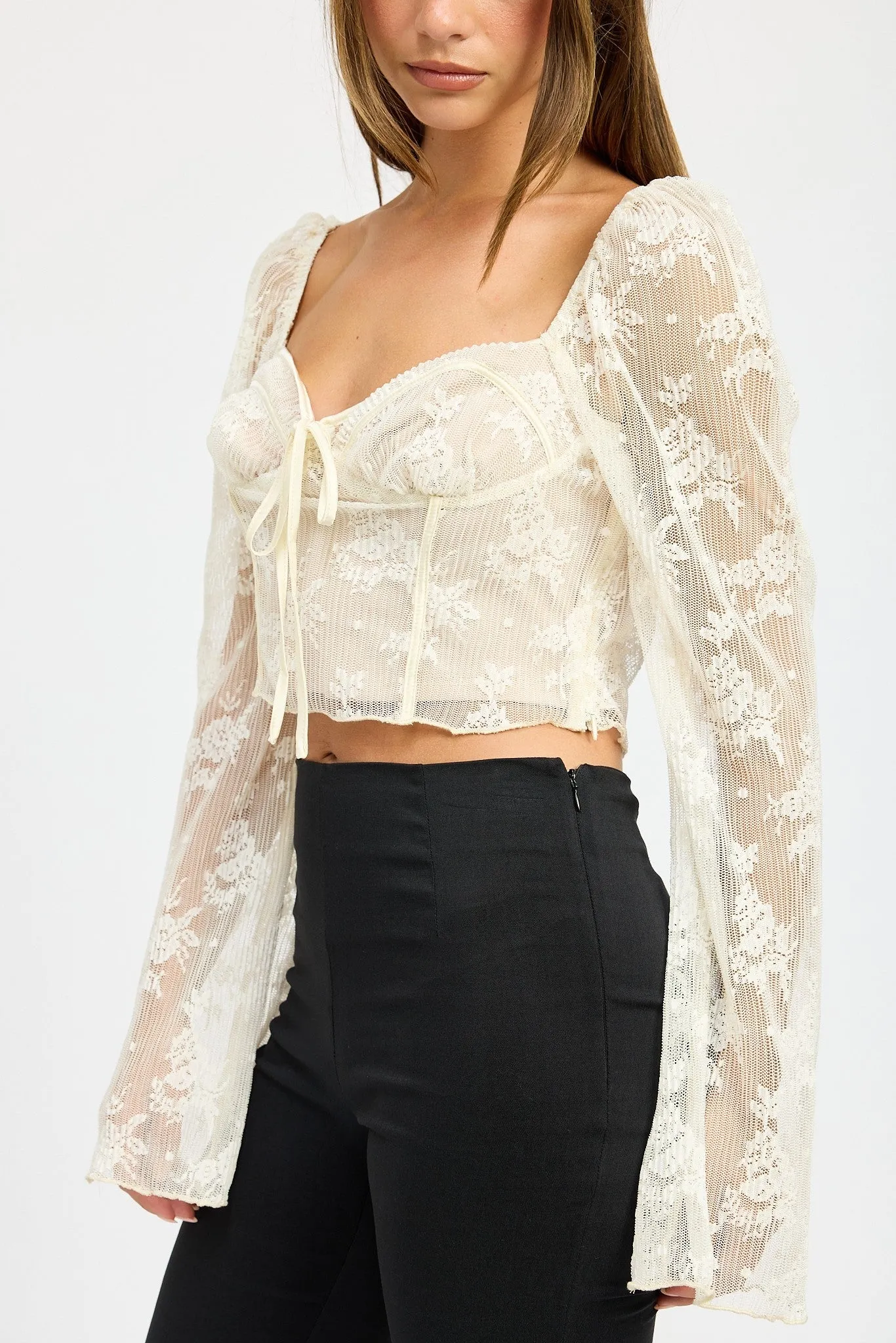 Sheer Lace Corset Top with Floral Long Sleeves