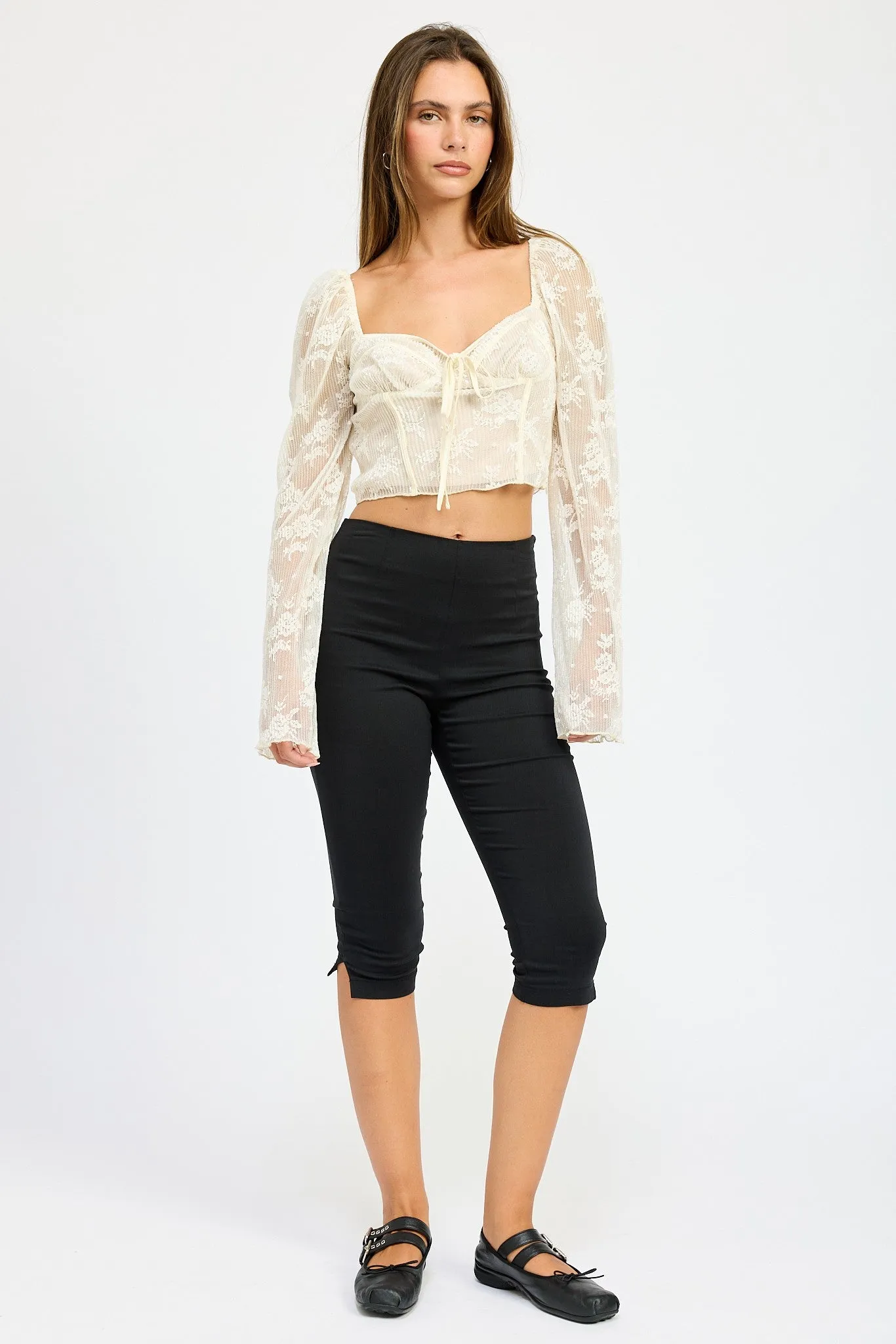 Sheer Lace Corset Top with Floral Long Sleeves