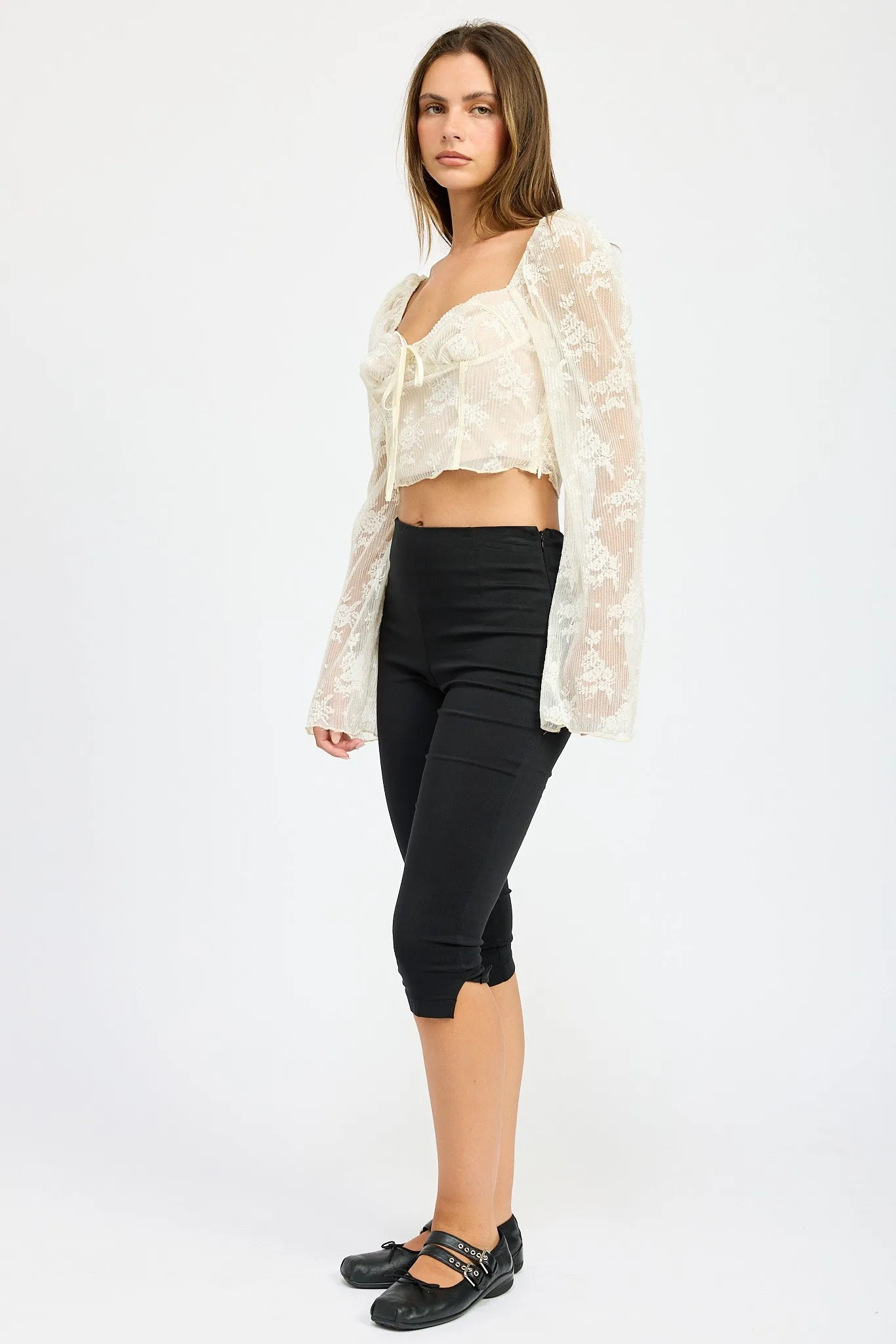 Sheer Lace Corset Top with Floral Long Sleeves
