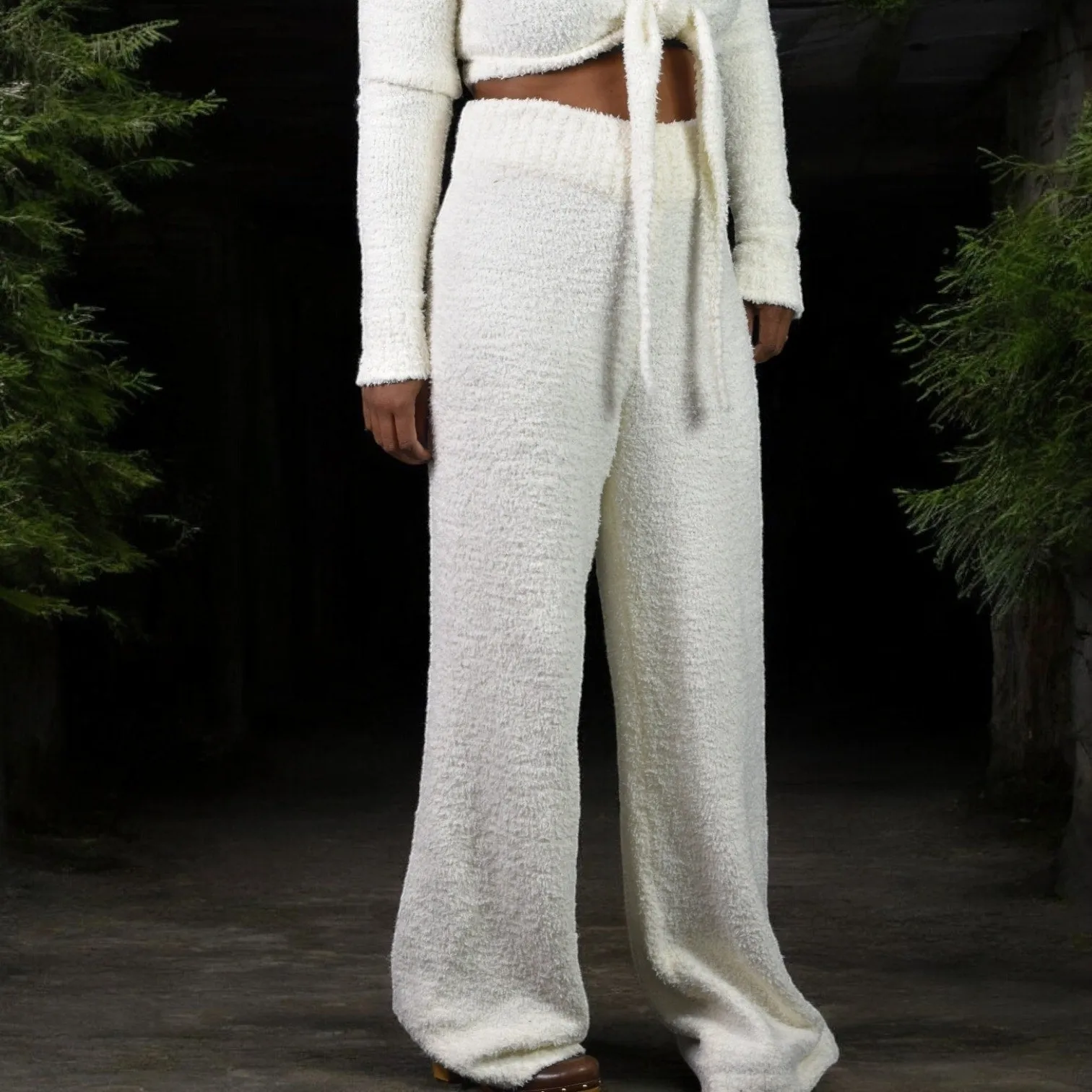 Skims Cozy Knit Pants Cream White Furry Fuzzy Boucle Stretch Knit Loungewear Size Large XL