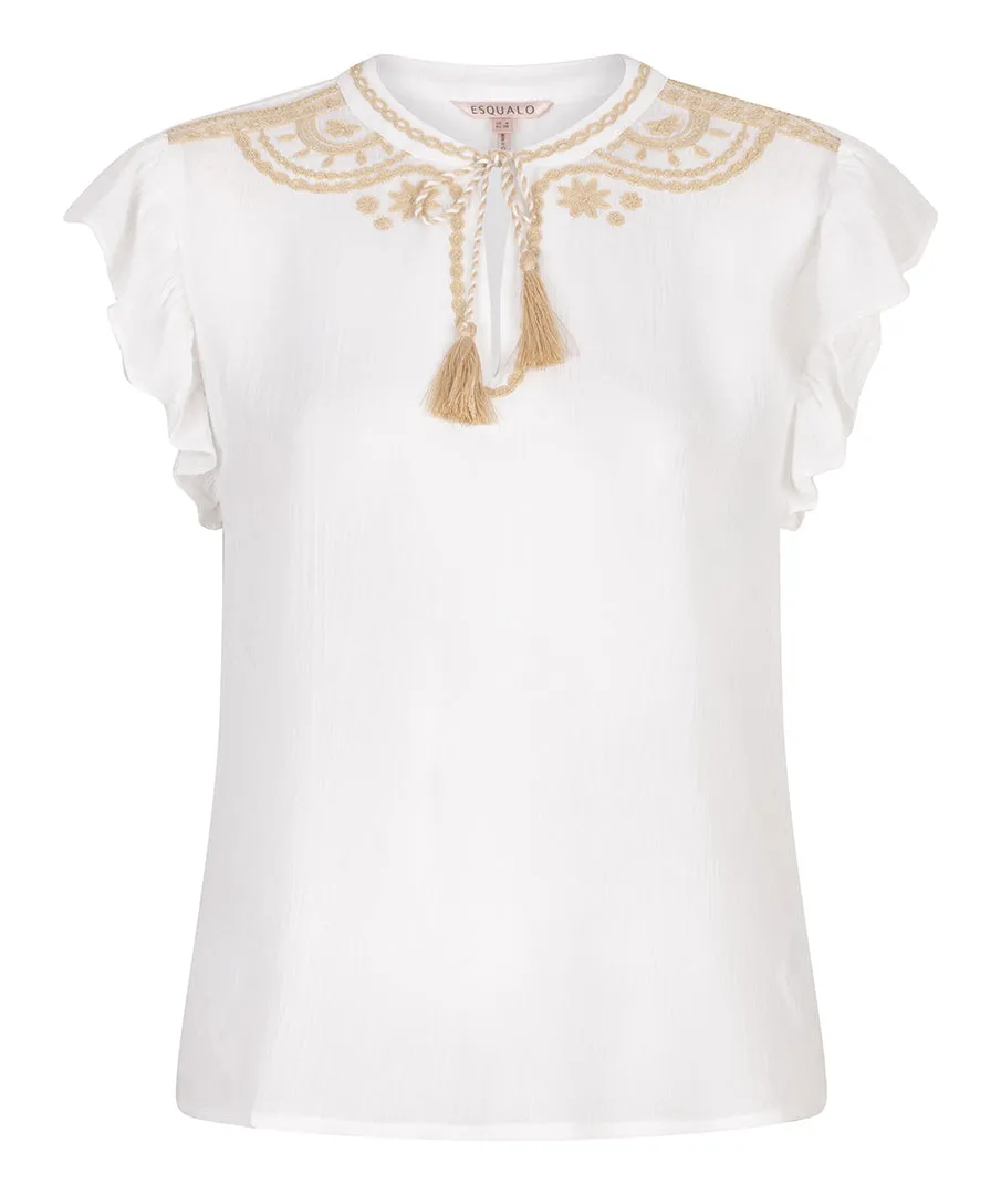 Sleeveless Crinkle Blouse with Embroidery - Off White/Black