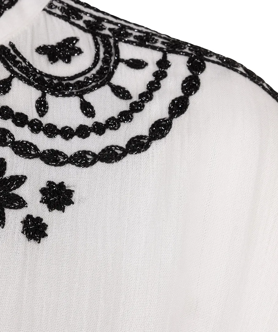 Sleeveless Crinkle Blouse with Embroidery - Off White/Black