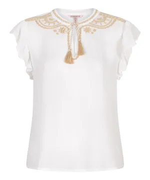 Sleeveless Crinkle Blouse with Embroidery - Off White/Black