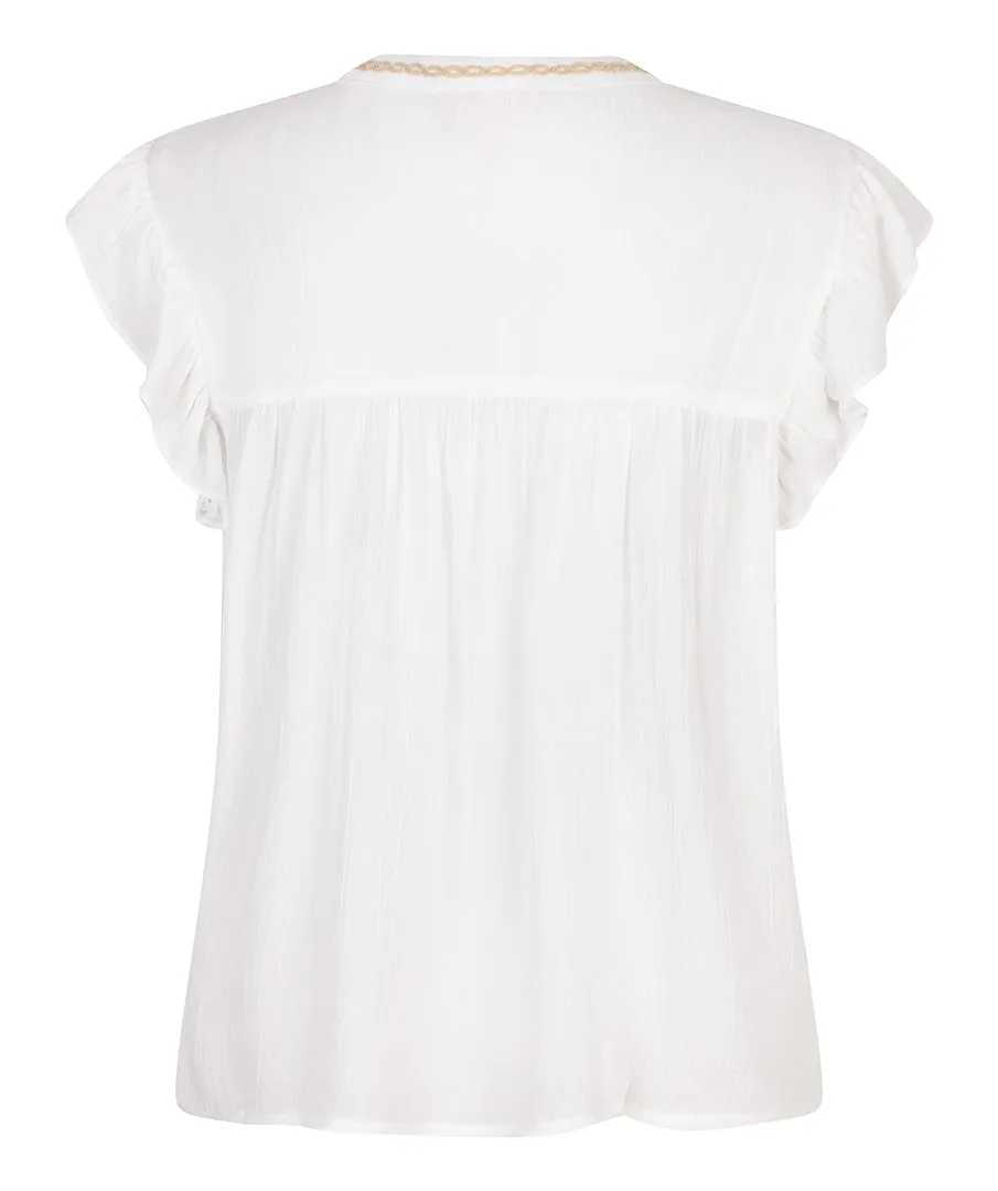 Sleeveless Crinkle Blouse with Embroidery - Off White/Black
