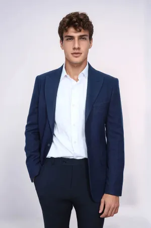 Slim Fit Patterned Dark Blue Men Blazer - Wessi