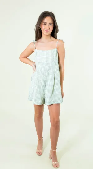 Tie Strap Gingham Babydoll Romper - Light Green