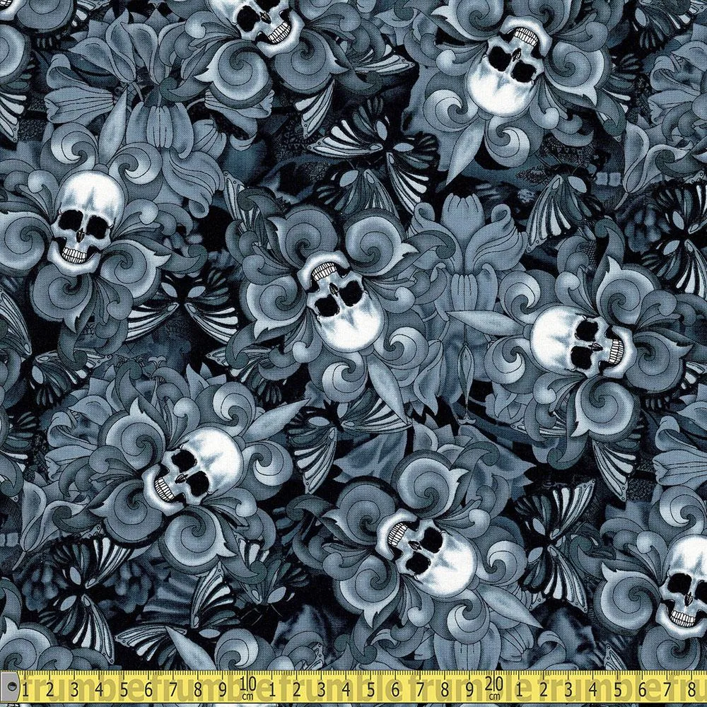 Timeless Treasures - Tossed Skull Fleur De Lis - Black