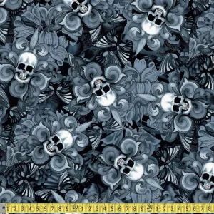 Timeless Treasures - Tossed Skull Fleur De Lis - Black