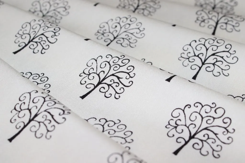 White Black Trees Printed Cotton Rayon Fabric