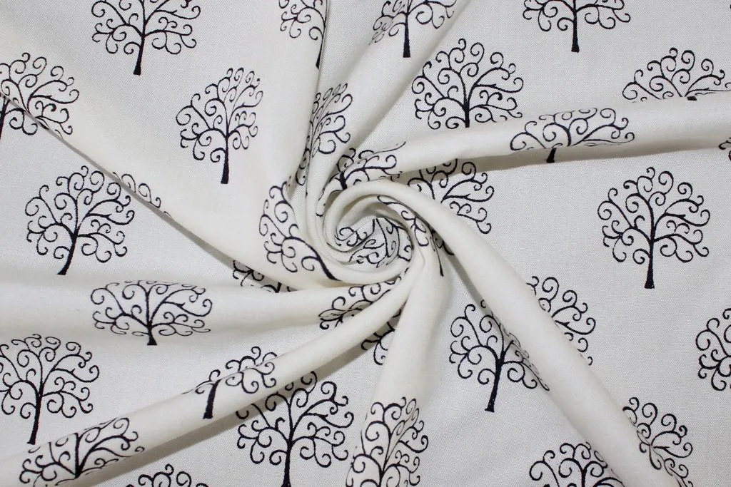 White Black Trees Printed Cotton Rayon Fabric