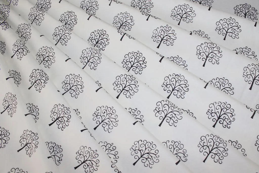White Black Trees Printed Cotton Rayon Fabric