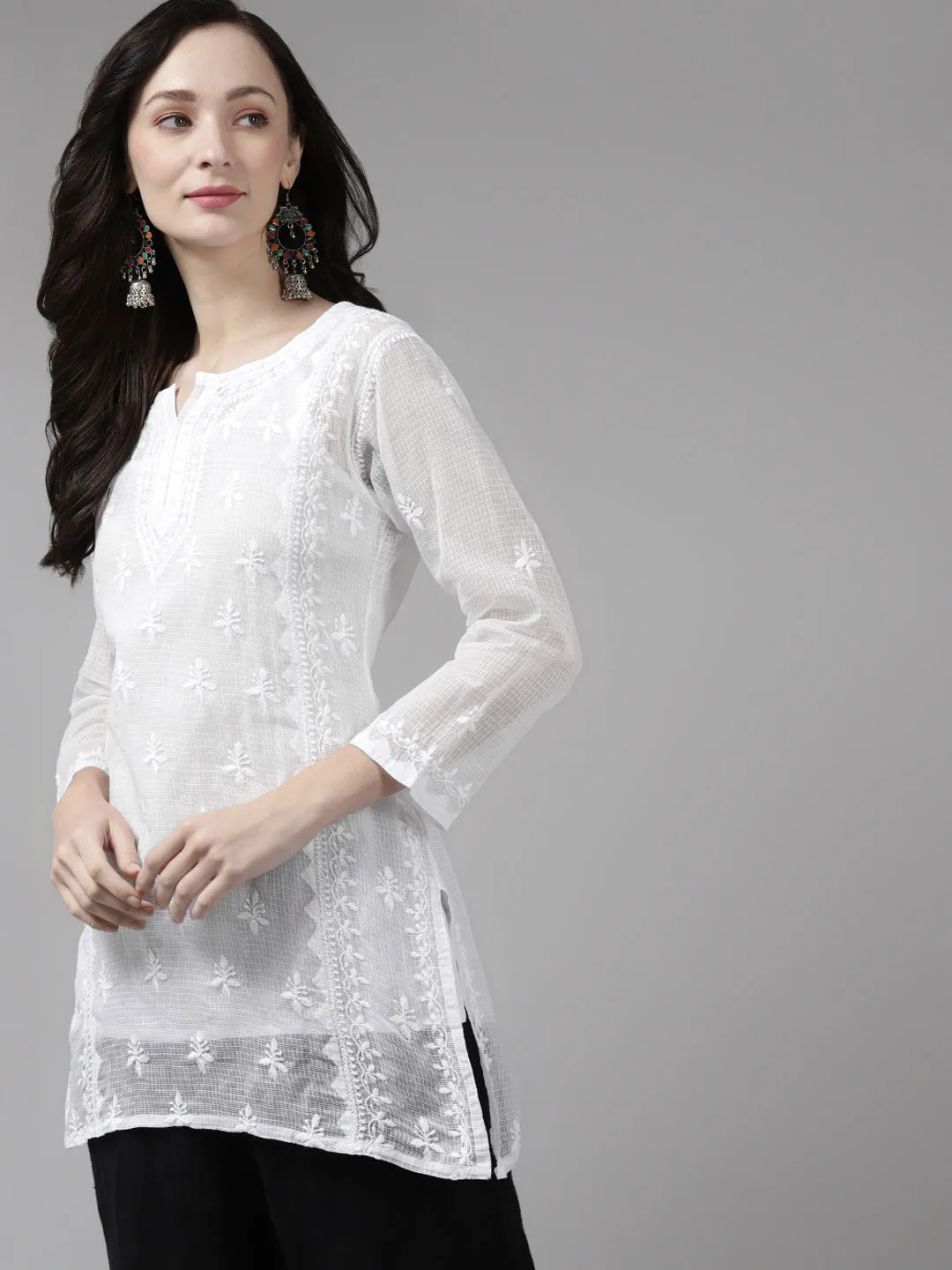 White Kota Lucknowi Chikankari Tunic With Inner Slip