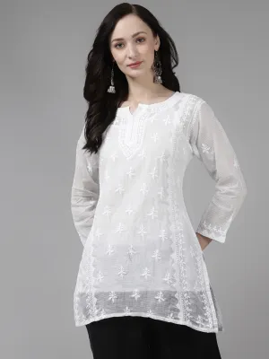 White Kota Lucknowi Chikankari Tunic With Inner Slip
