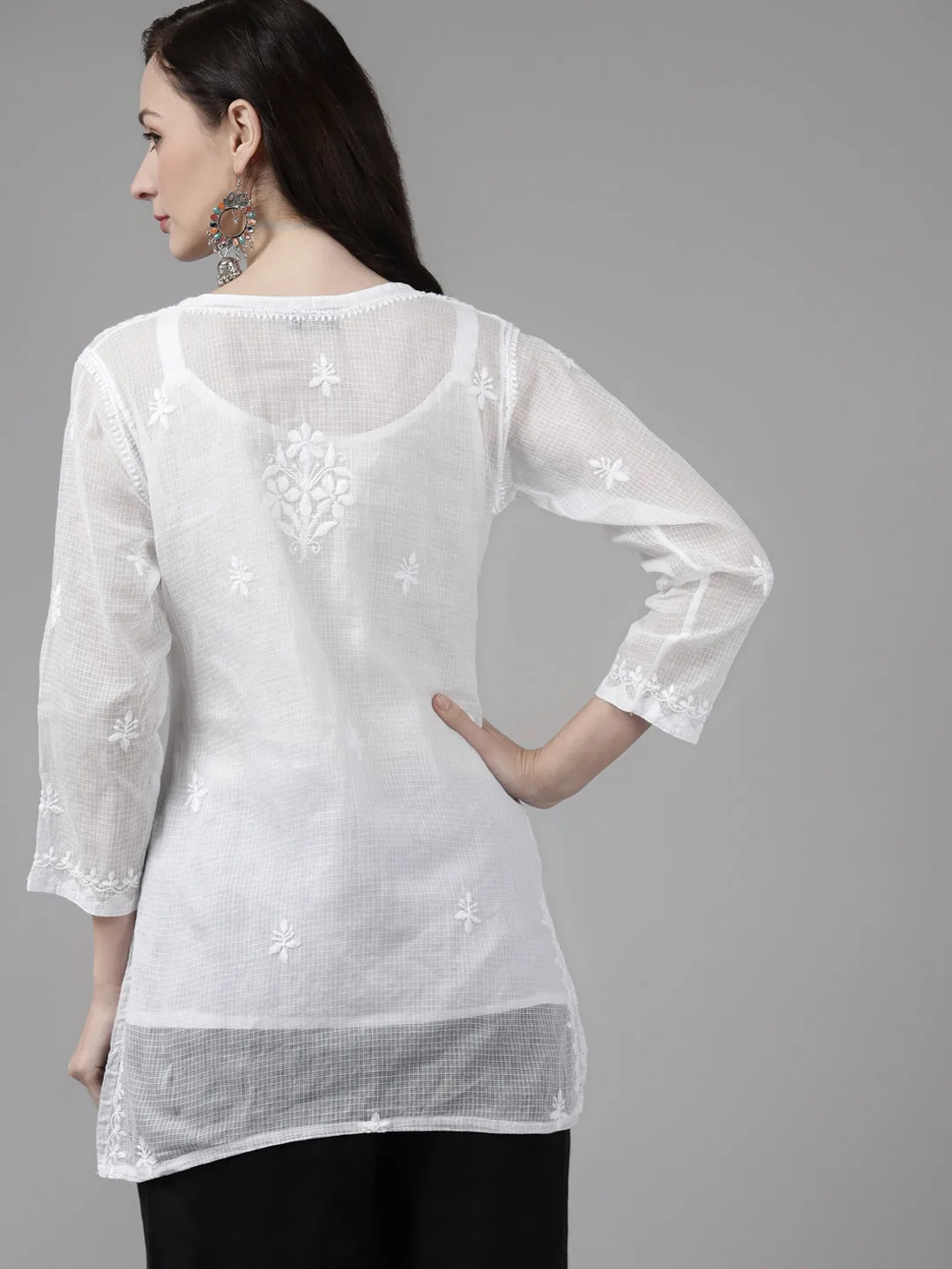 White Kota Lucknowi Chikankari Tunic With Inner Slip