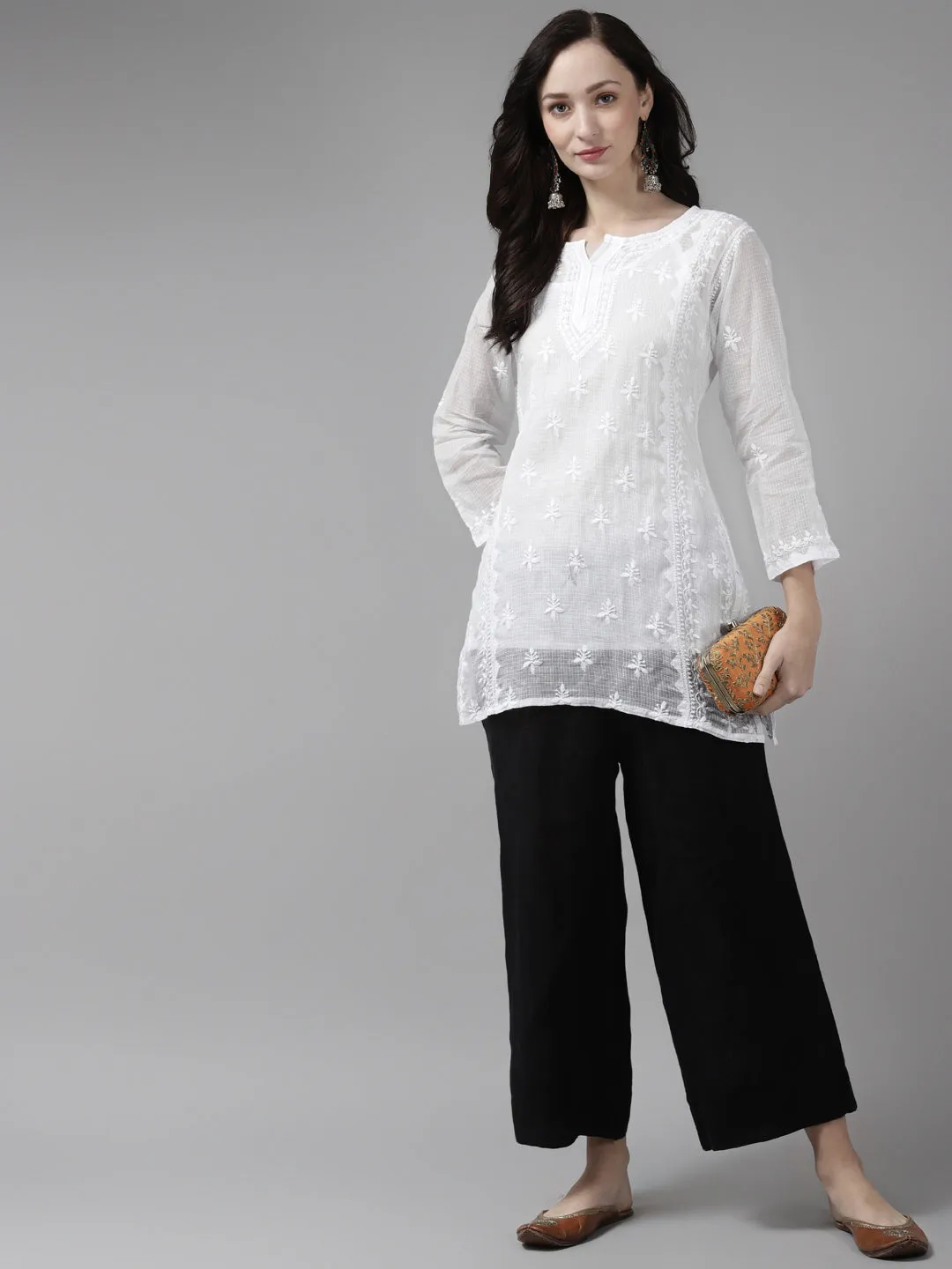 White Kota Lucknowi Chikankari Tunic With Inner Slip